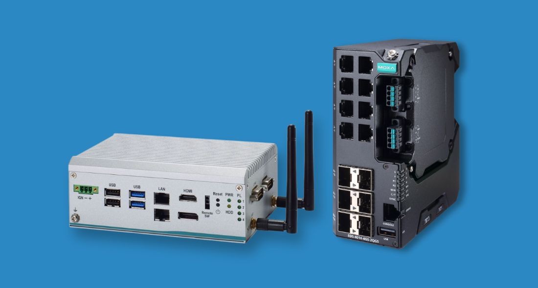 An Axiomtek embedded computer and a Moxa Ethernet switch.